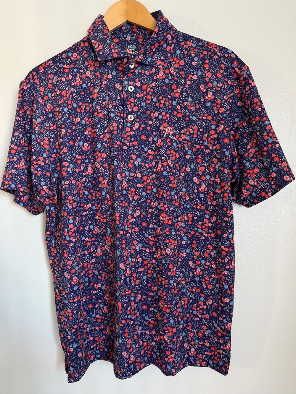 Rhoback Golf Polo Shirt Blue Pink Azalea Floral Performance Men Size Medium